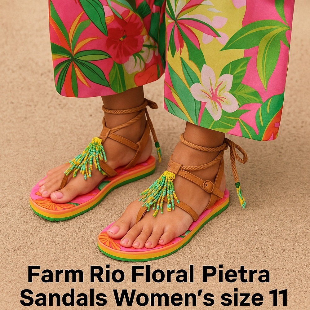 FARM Rio Vibrant Beaded Floral Tropical Print Sandal Size 11